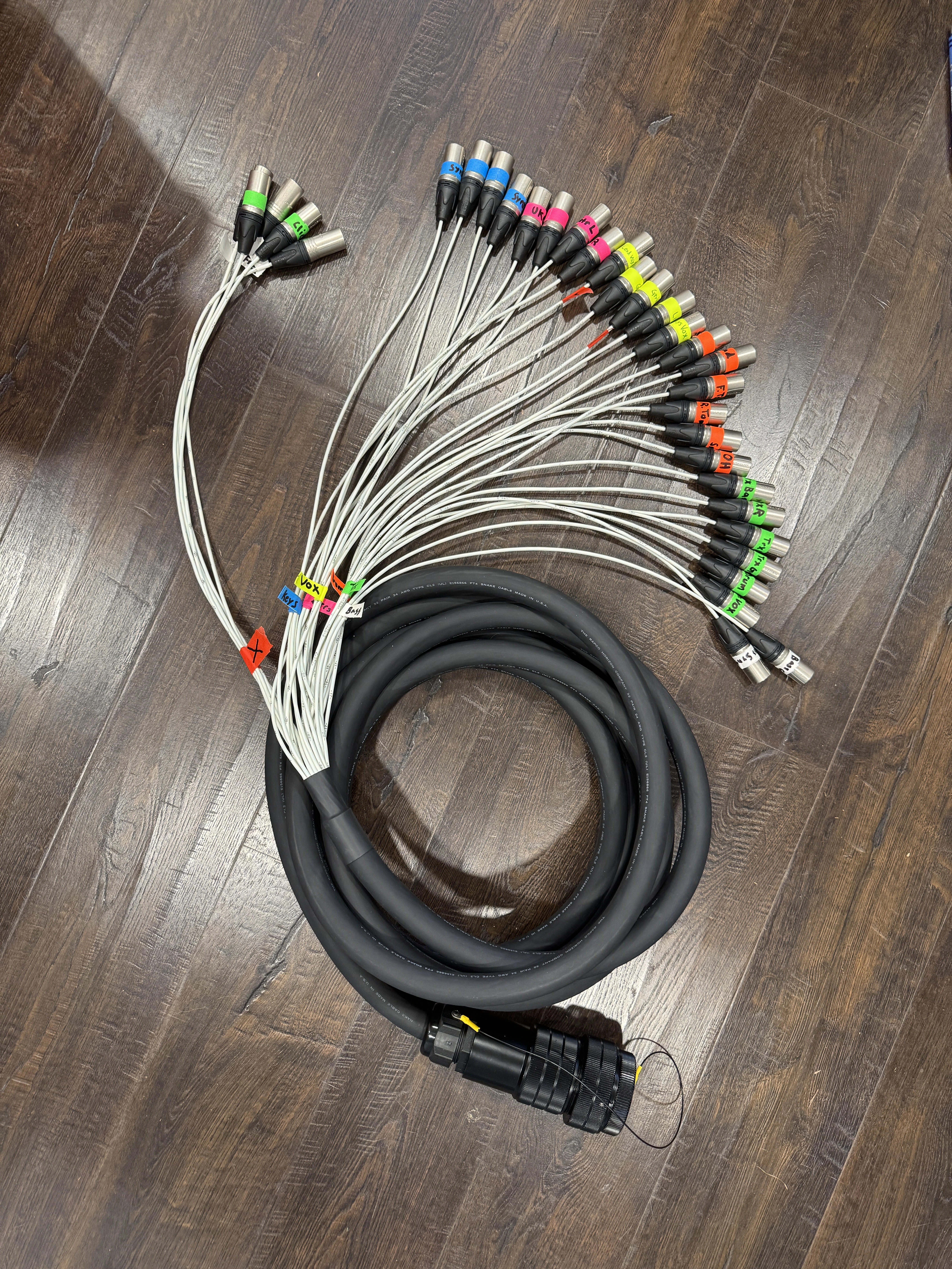 Color-coded FOH tails fan-out — pre-labeled XLR ends ready for patch