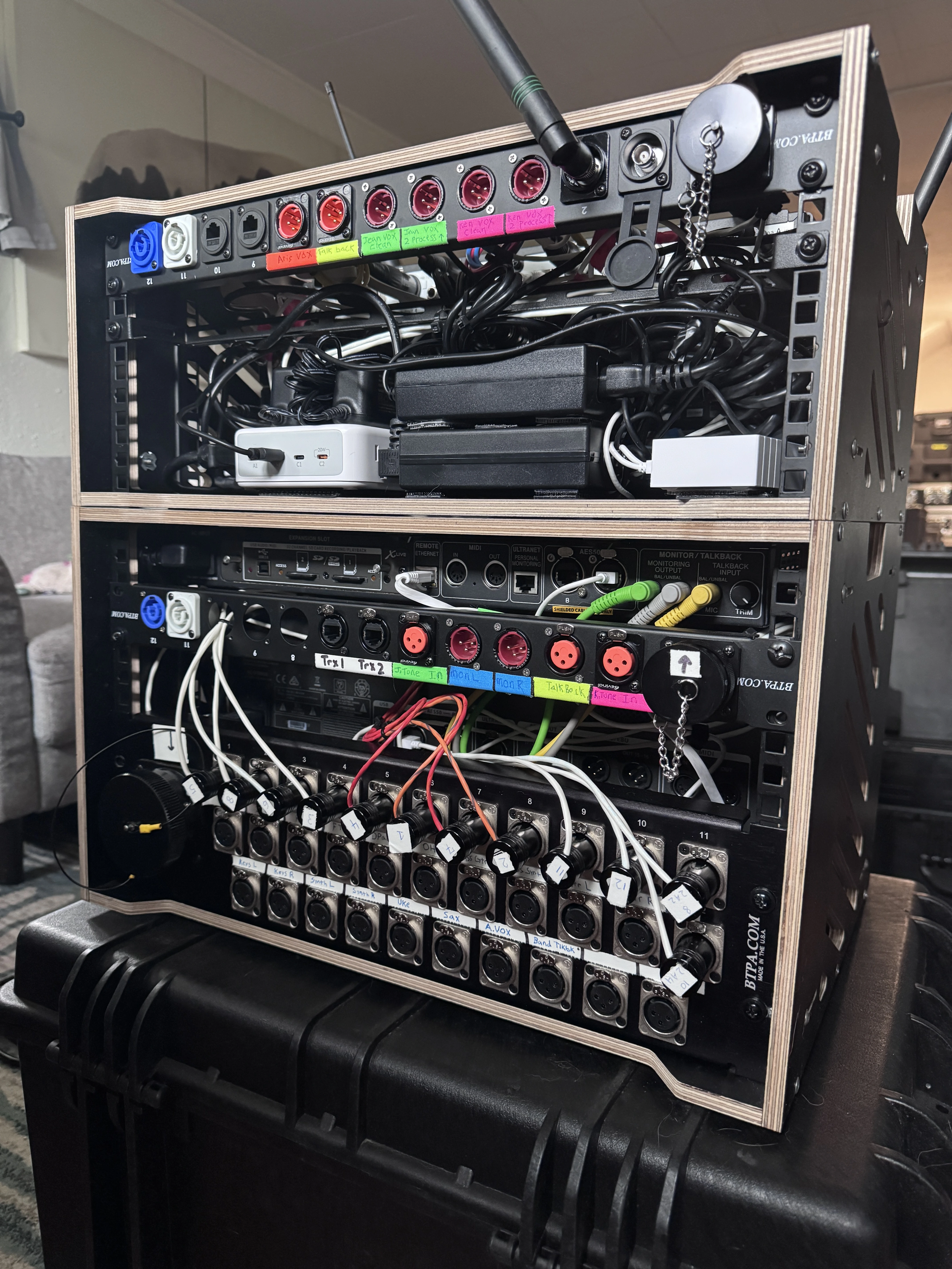 Full band rig in road case — wireless receivers, IEM splitter, patch panel
